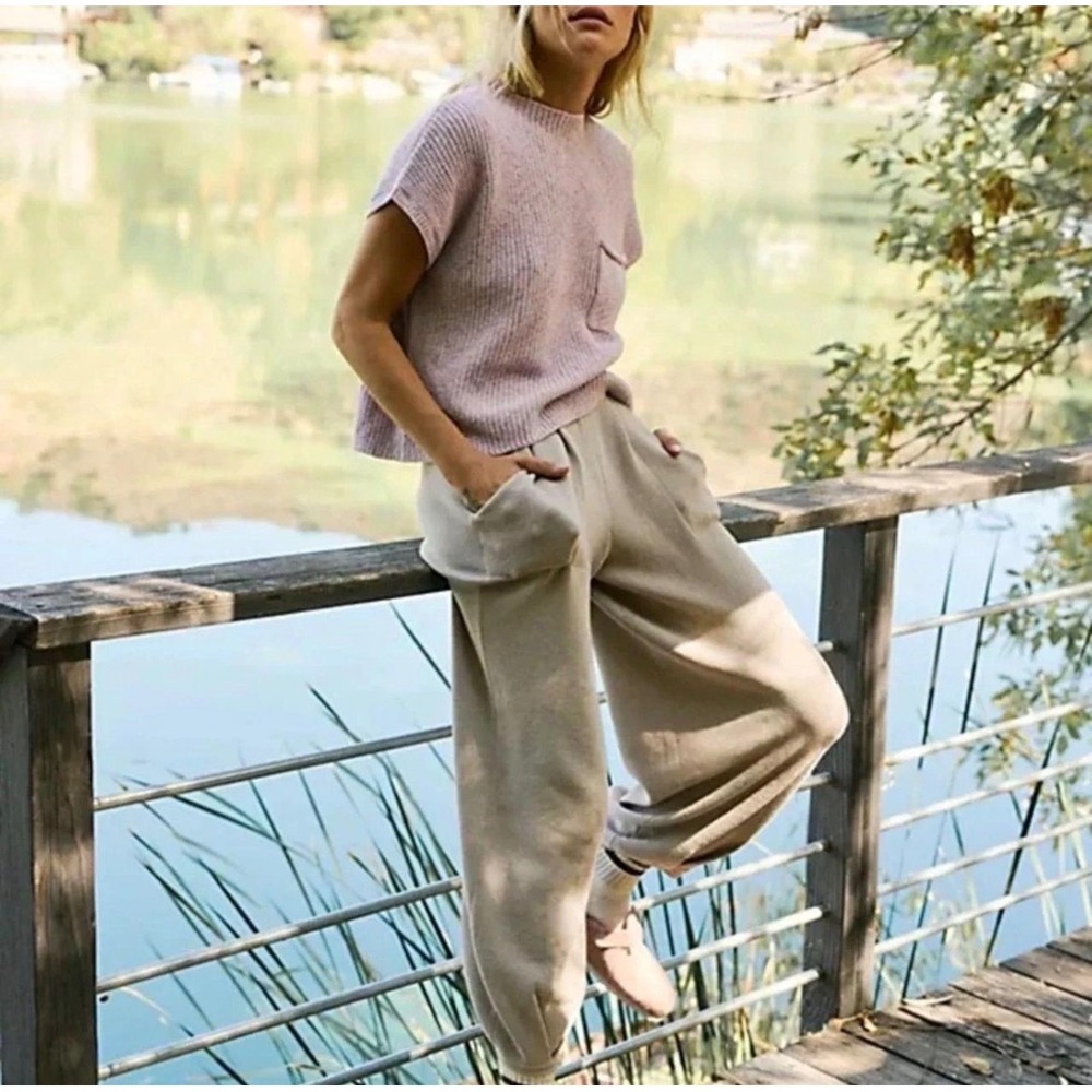 Free People FP Beach Freya Knit Wide Leg Barrel Linen Blend Lounge Pant L - Picture 8 of 9